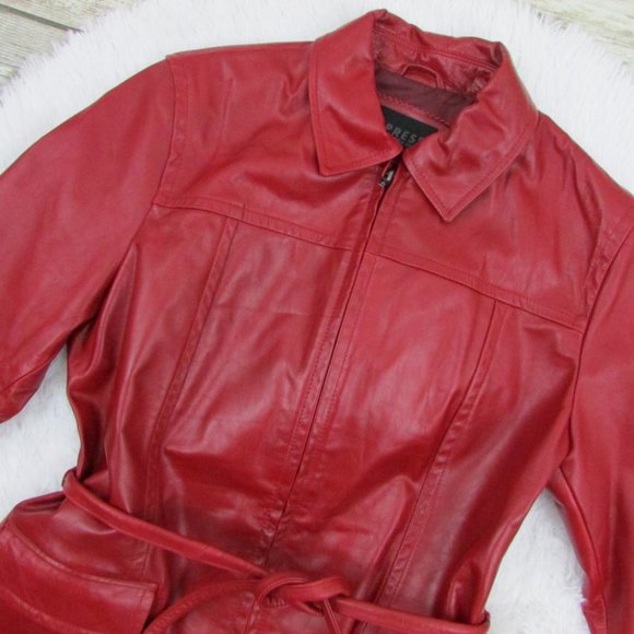 Express Zip Front Belted Leather Jacket Red - Picture 6 of 12